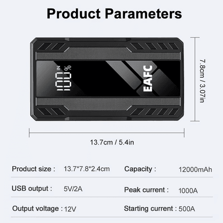 Démarreur de saut de voiture 1000 A, chargeur de batterie Booster de batterie externe de secours  thumbnail 2