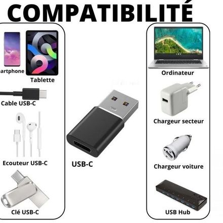 Adaptateur USB vers USB-C Compatible Chargeur Secteur-Ordinateur Etc Vers USB C thumbnail 2