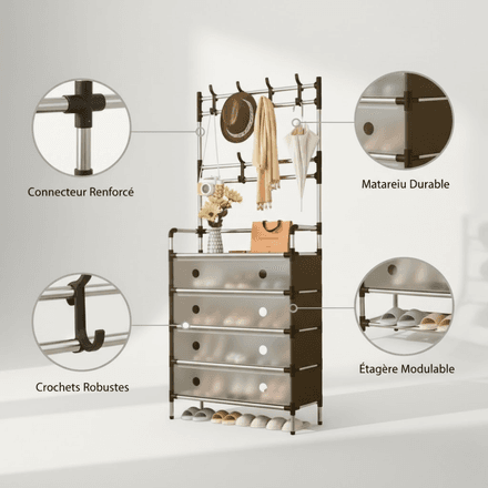 Meuble De Rangement D’entrée 2-en-1 – 4 Tiroirs + Porte-manteaux Intégré thumbnail 2