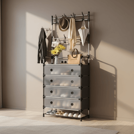 Meuble De Rangement D’entrée 2-en-1 – 4 Tiroirs + Porte-manteaux Intégré thumbnail 5