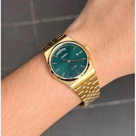 Montre Homme Cadran Vert Bracelet Acier Inoxydable Doré Étanche thumbnail 2