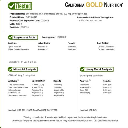 Propolis D’abeille 2x 500 Mg – Extrait Concentré – 90 Capsules – California Gold Nutrition thumbnail 4