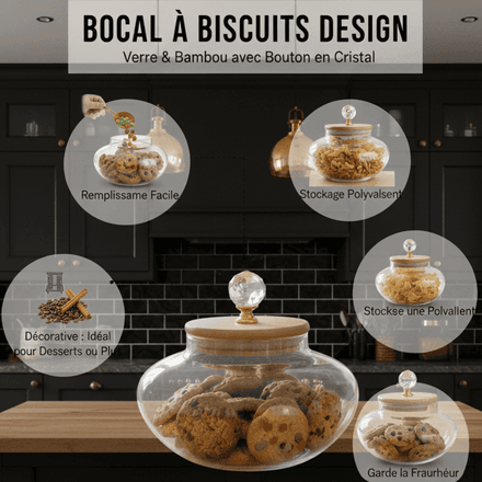 Bocal À Biscuits Design – Verre & Bambou Avec Bouton En Cristal thumbnail 4