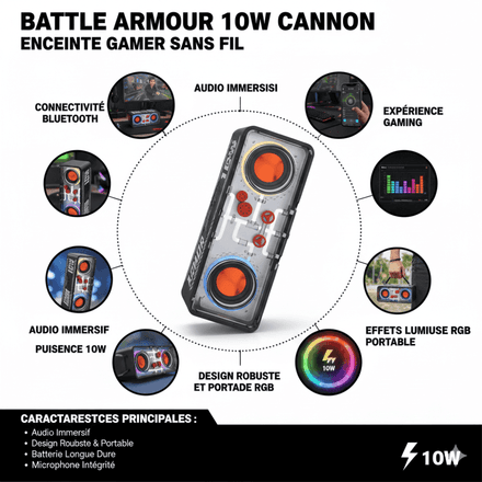 Battle Armour 10w Cannon – Enceinte Gamer Sans Fil Rgb thumbnail 3