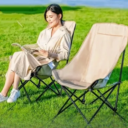 Chaise Lunaire Pliable Portable Avec Dossier Haut Pour Pique-nique, Pêche Et Plage Biege thumbnail 2