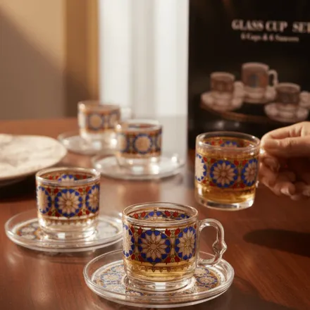 Ensemble De Vaisselle Élégant En Verre Artisanal – 12 Pièces Avec Tasses Et Soucoupes Décorées À La Main (colleur Aléatoire) thumbnail 3