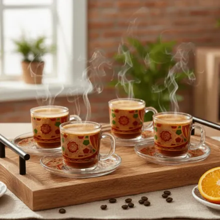 Ensemble De Vaisselle Élégant En Verre Artisanal – 12 Pièces Avec Tasses Et Soucoupes Décorées À La Main (colleur Aléatoire) thumbnail 6