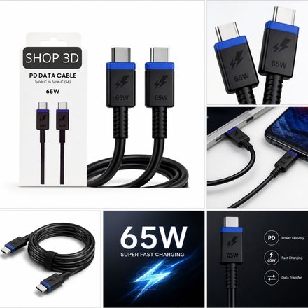 Câble De Charge Rapide Pd 65w Double Type C 1m thumbnail 2