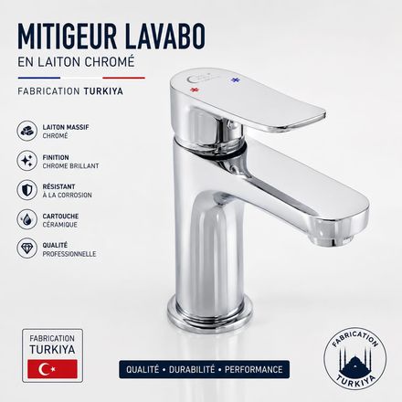 Mitigeur Lavabo Chromé En Laiton Massif – Fabrication Turque thumbnail 1