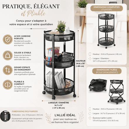 Chariot de Rangement Pliable à 3 Niveaux  - 88 x 38 cm - Coluleur Aléatoire thumbnail 3