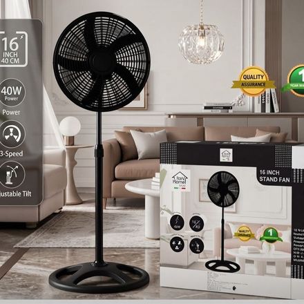 Ventilateur Sur Pied Moderne 16" (40 Cm) - 40w, 3 Vitesses, Inclinaison Réglable - Design Noir Mat Premium thumbnail 1