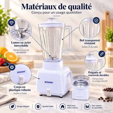 Mixeur Blender 2 En 1 – 36 × 17 Cm + Broyeur 10,5 × 8,5 Cm – Bol 1 L – Lames En Acier Inoxydable thumbnail 3