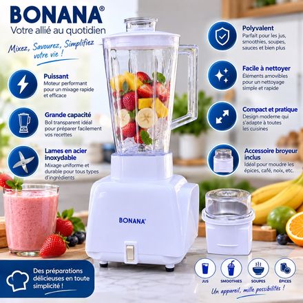 Mixeur Blender 2 En 1 – 36 × 17 Cm + Broyeur 10,5 × 8,5 Cm – Bol 1 L – Lames En Acier Inoxydable thumbnail 4