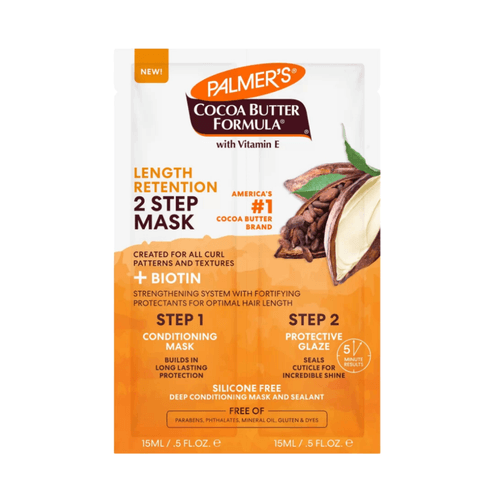 Soin capillaire en deux étapes : un masque nourrissant suivi d’un traitement sans rinçage pour renforcer et stimuler la pousse.