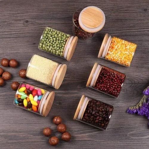 Set de 4 bocaux à épices avec une cuillère en bois moderne en verre avec couvercles en bambou hermétiques