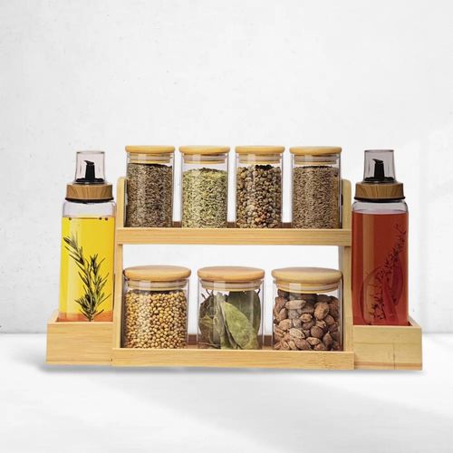RANGEMENT ET ORGANISATEUR 9 PIÈCES AVEC BOITES À ÉPICES EN VERRE ET COUVERCLE AN BAMBOU NATUREL