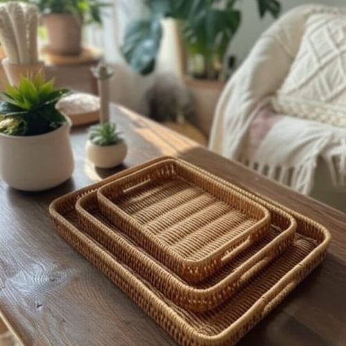 3 Plateaux De Service En Rotin