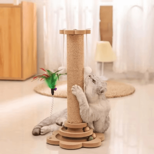 Jouet pour chat en bois avec griffoir en sisal et plateau tournant