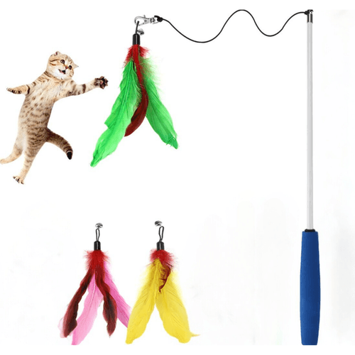 Jouet interactif pour chat avec tige télescopique et 3 plumes