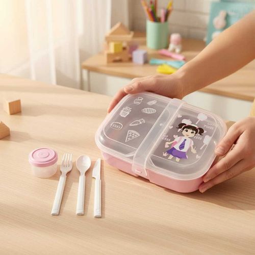 Lunch box à deux compartiments on inox -couverts en plastique alimentaire-boite à sauce -Idéal école crèche & université 21/15cm