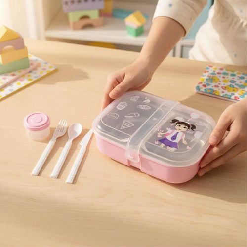Lunch box à deux compartiments on inox -couverts en plastique alimentaire-boite à sauce -Idéal école crèche & université 21/15cm