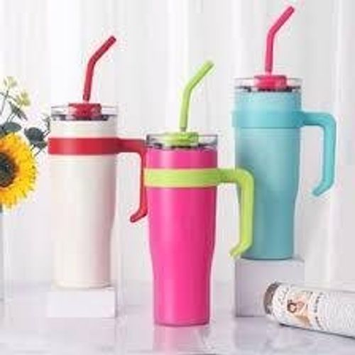 Thermos Thermique - grande Capacité XXL -Mug Inox avec Poignée et Paille -1,2 L -Garde le Froid ou Chaud 18h- ( couleurs aléatoire )