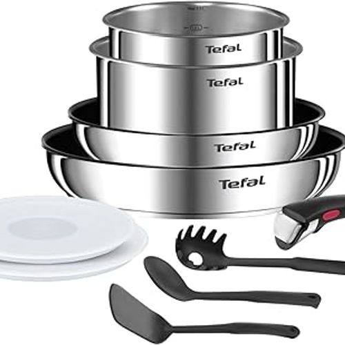 BATTERIE DE CUISINE INOX INGENIO 10PCS EMOTION L8971S04 TEFAL (2 POELES rev 22/26cm / 2 CASS 16/18cm / 2 couvercles hermétiques 16/18cm / spatule+cuillere+cuillere SPG / Poignée amovible)