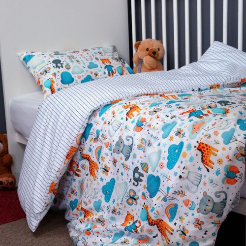 Housse de Couette Bébé Premium Double Face Jungle en Fête (Housse -115x130cm- + 1 TO -30x50 cm-) - Un Luxe pour Votre Bébé // Collection Berceaux de Rêves !