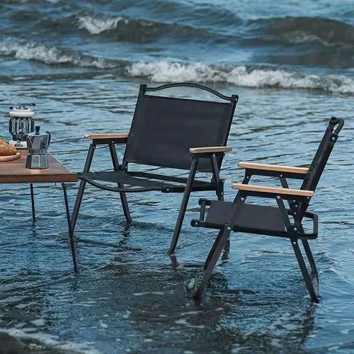 Chaise de Camping Pliable Ultra-Légère – Dossier Bas, Accoudoirs en Bois – Jardin, Plage, Pique-nique, Pêche, BBQ
