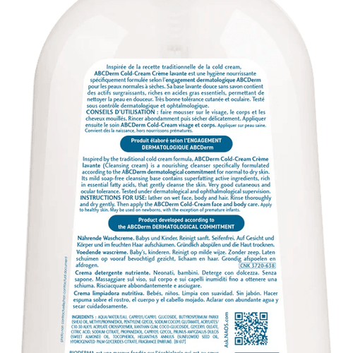 Bioderma Abcderm Cold-cream Crème Lavante 1l - Nettoyant Surgras Bébés Format Familial
