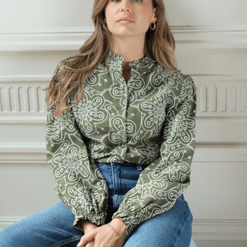 Blouse imprimé floral graphique col volanté