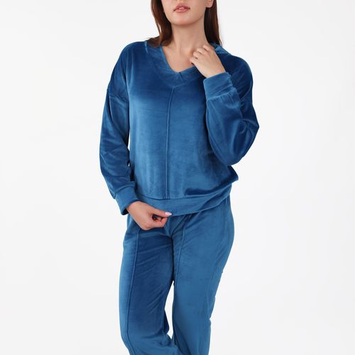 Pyjama Col V à Pantalon Evasé | Collection Velvet Bleu