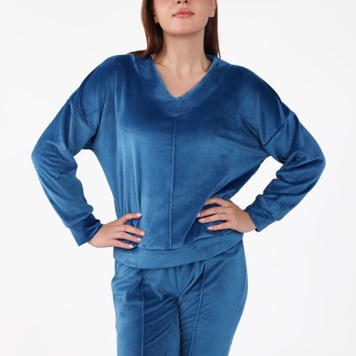 Pyjama Col V à Pantalon Evasé | Collection Velvet Bleu