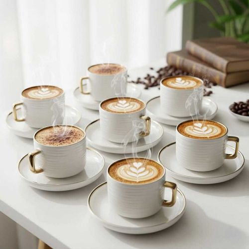 Set de 6 tasses à thé en porcelaine 200 ml avec 6 assiettes sous tasse – Élégance et raffinement intemporel