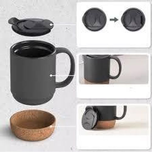 Tasse / Mug En Céramique 300 Ml Avec Socle En Liège & Couvercle Anti-éclaboussures