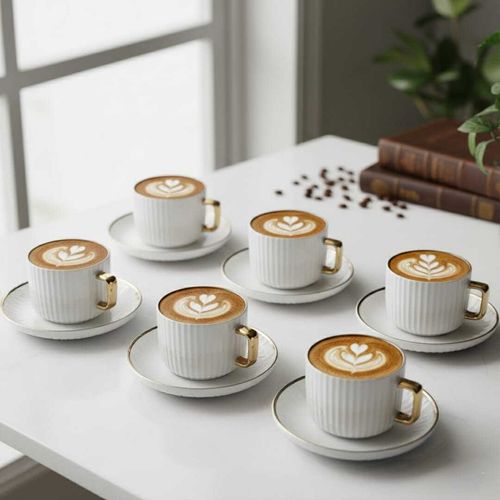 Set de 6 tasses à thé en porcelaine 200ml avec avec 6 assiettes sous tasse dore – Élégance et raffinement intemporel