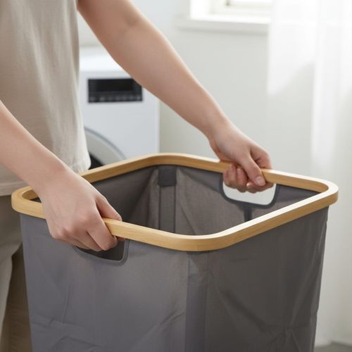 Panier de Rangement Pliable pour Linge avec Cadre en Bambou et Poignées 45cm/29cm - Gris