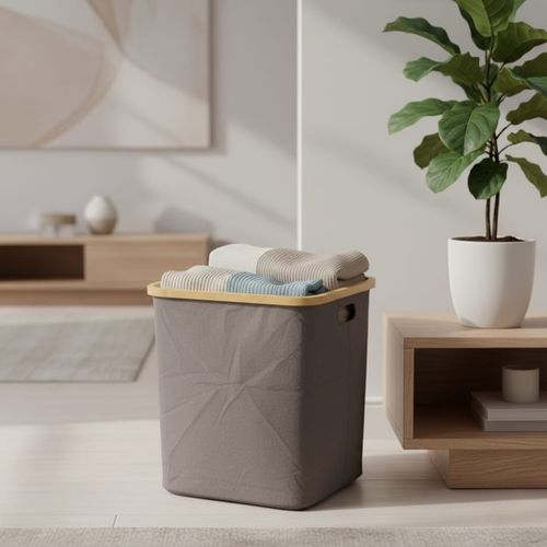 Panier de Rangement Pliable pour Linge avec Cadre en Bambou et Poignées 45cm/29cm - Gris