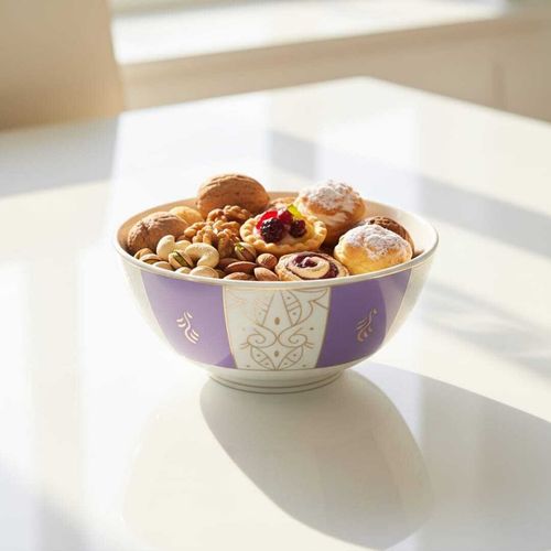 Bol En Porcelaine Fine Violet Et Blanc Avec Motif Doré – 13cm/23cm
