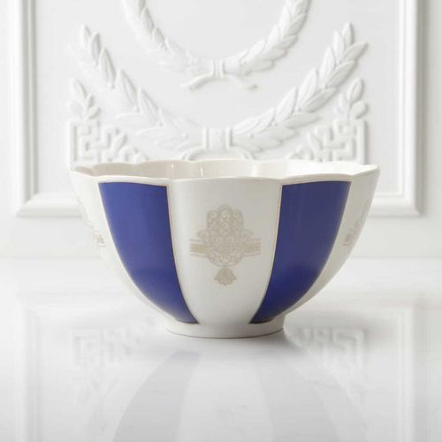 Bol En Porcelaine Fine Bleu Et Blanc Avec Motif Doré Khmissa – 27cm