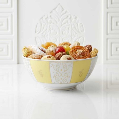 Bol En Porcelaine Fine Jaune Et Blanc Avec Motif Doré –13cm/23cm