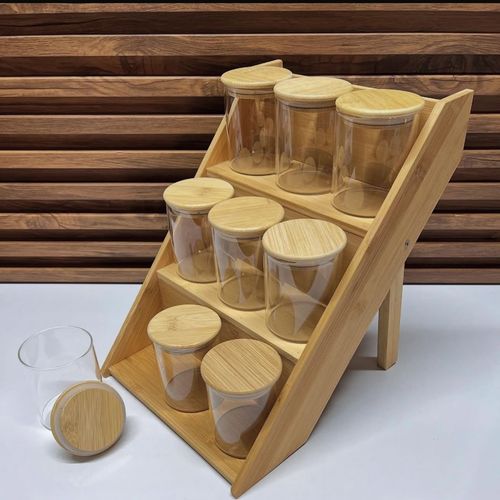 Lot de 9 Pots à Épices en Verre avec Couvercle en Bambou à 3 Niveaux pour Rangement de Cuisine 200 ml