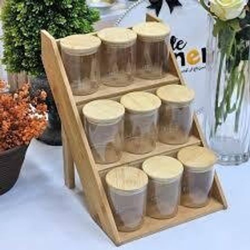 Lot de 9 Pots à Épices en Verre avec Couvercle en Bambou à 3 Niveaux pour Rangement de Cuisine 200 ml