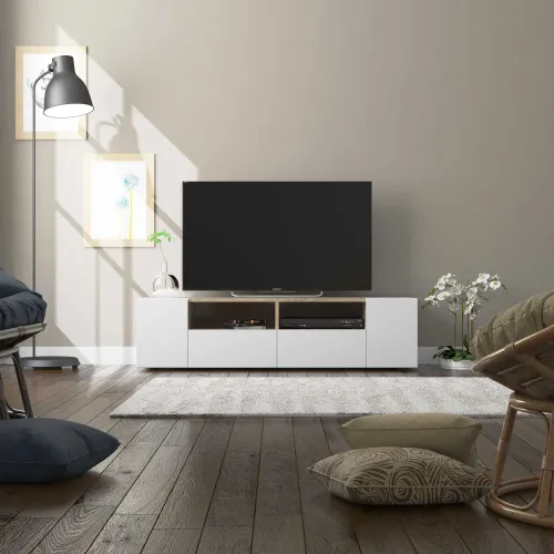 TAMIKO Meuble TV avec 4 portes (Blanc et chêne) 138 cm
