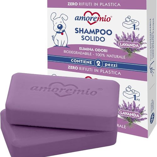 Amore Mio | 2 Shampoings Solides pour Chiens Adultes et Chiots, Extra Doux, Sans Parabènes ni Sulfates, Biodégradables et 100 % Naturels, Parfum Lavande, Formule Élimine-Odeurs