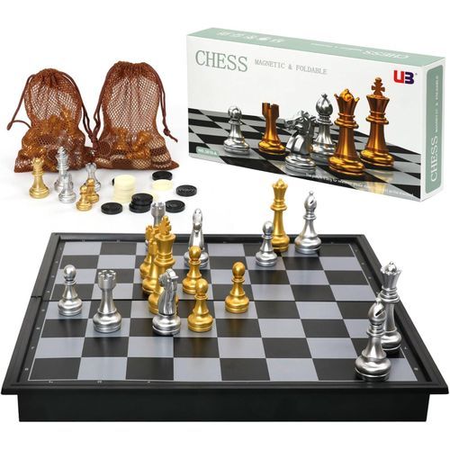 Jeu D’échecs et Dames 2 en 1 – Magnétique, Pliable et Portable, Doré