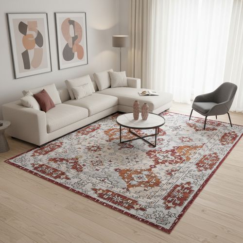 Tapis Vintage Noura Terracotta, Gris, Rouge