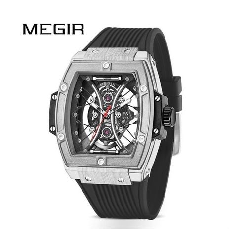 Montre pour Homme Cadran Gris Tonneau Bracelet en Silicone Noir avec Boite Free