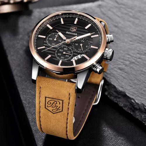 Montre Chronographe de Luxe en Cuir – Noir & Doré