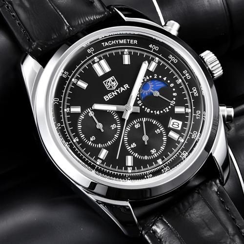 Montre Bracelet en Cuir Quartz pour Hommes Etanche Chronographe